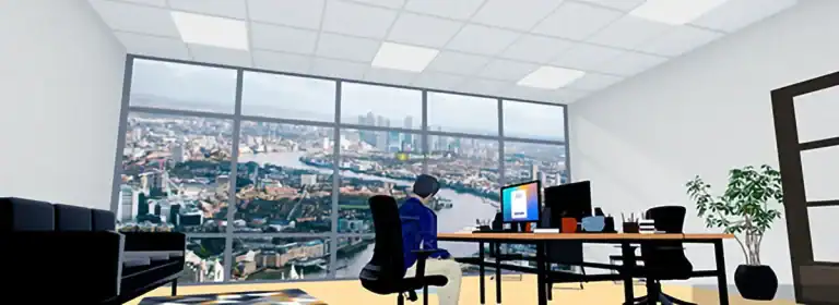Business professional working at desk with cityscape view in modern office.