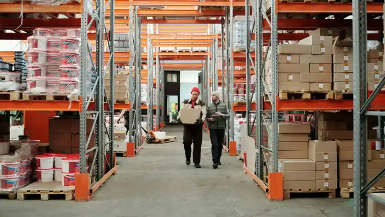 Workers managing inventory in a warehouse with shelves and boxes.