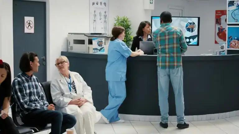 Medical professionals consulting at hospital reception desk.
