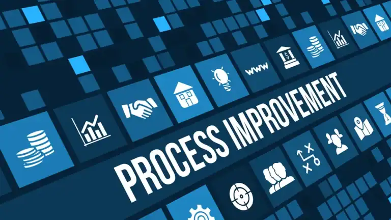 Icons representing process improvement and operational excellence in Lean manufacturing.