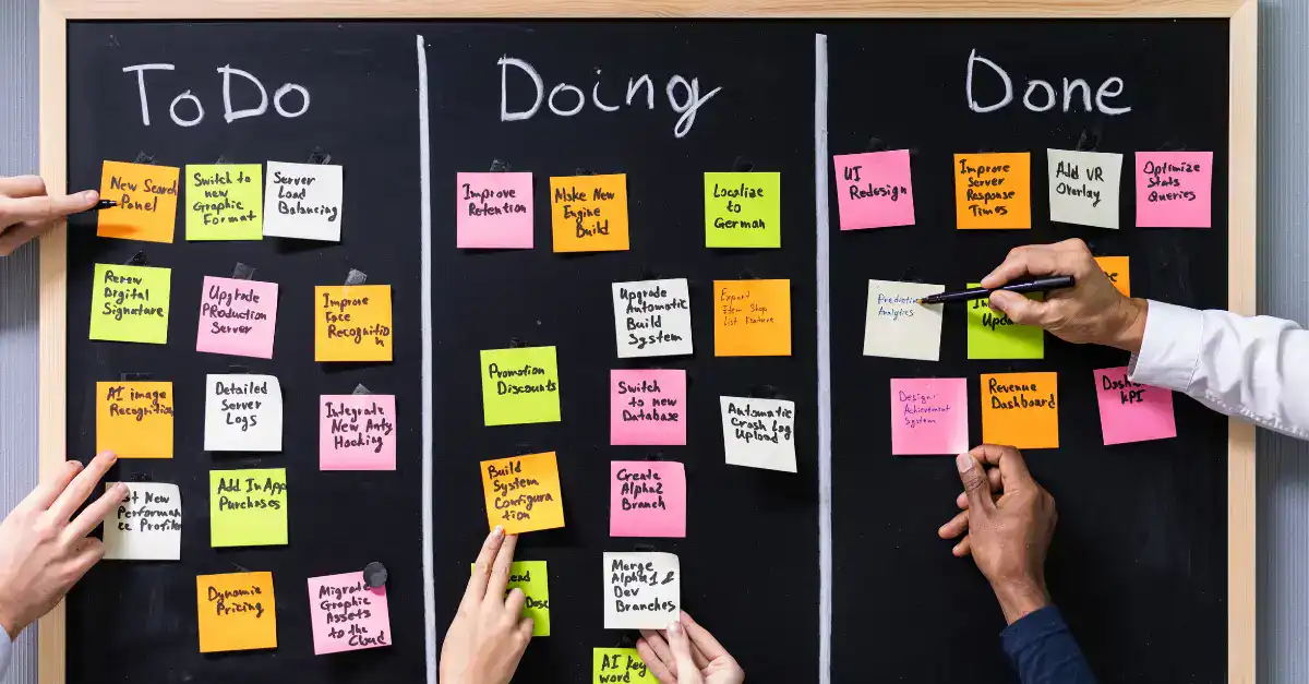 Team organising tasks on a blackboard for lean project management.