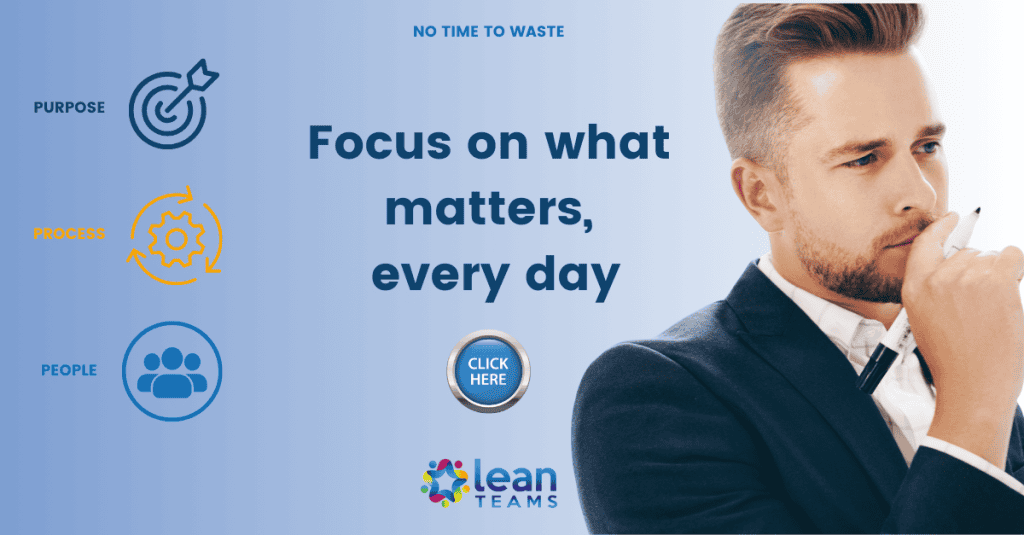 Business professional contemplating with Lean Teams branding in the background.