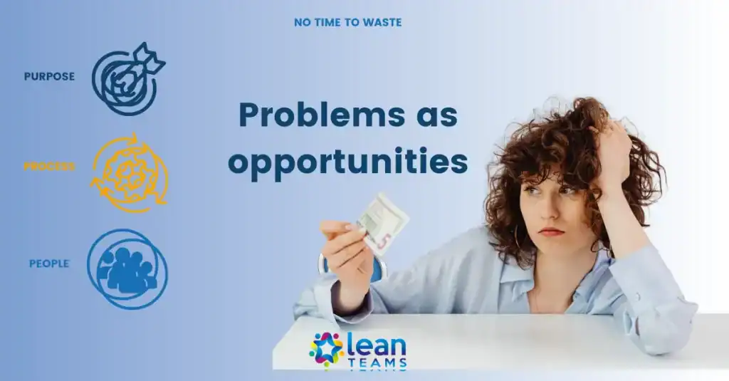 Businesswoman contemplating solutions for problems as opportunities in Lean Teams context.