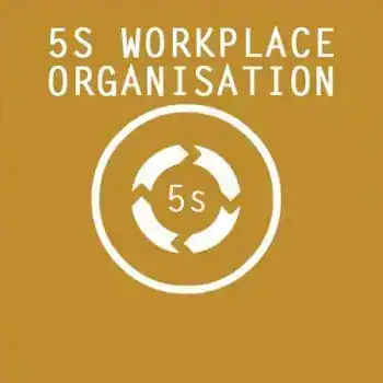 Illustration of 5S workplace organisation process with circular arrows and 5S text.