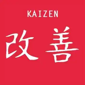 Kaizen concept with Japanese characters on red background.