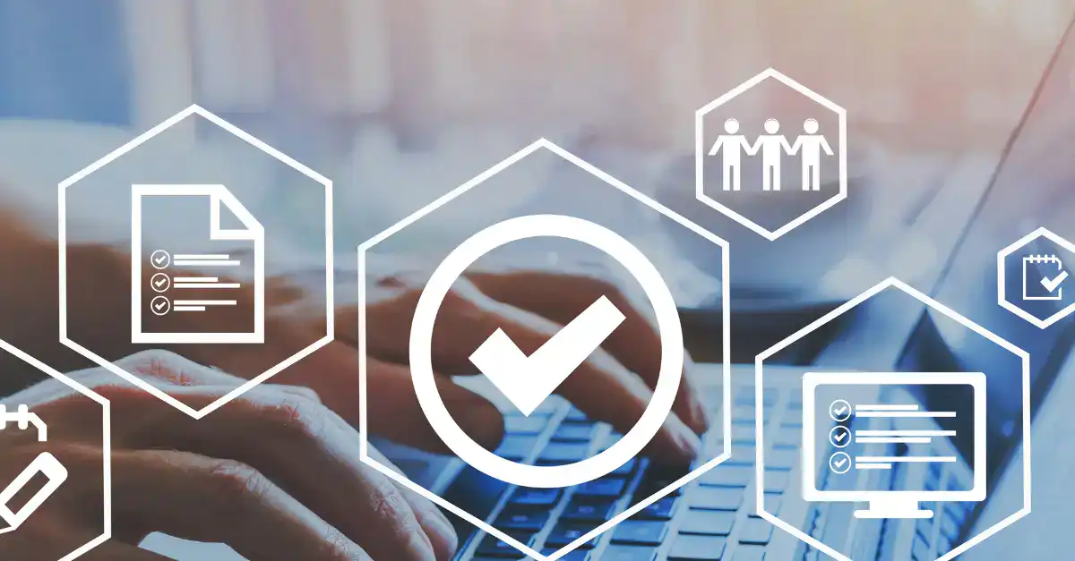 Digital teamwork and project management icons on a laptop screen.